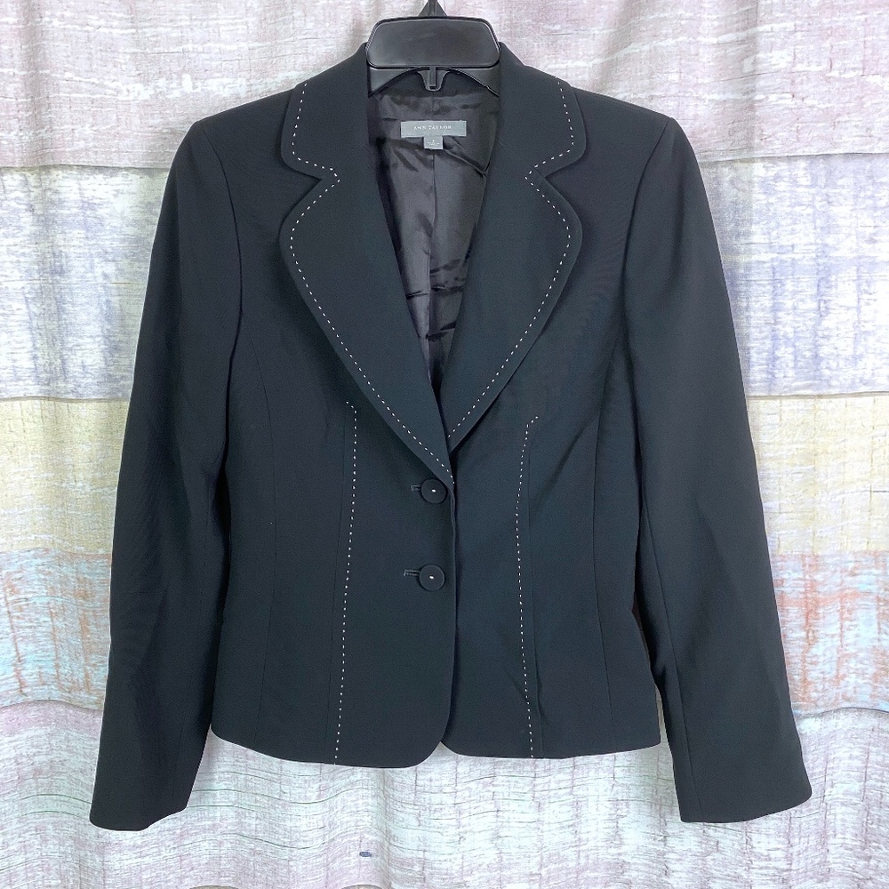 Ann Taylor Solid Black Jacket W/ White Stitch Trim - image 1
